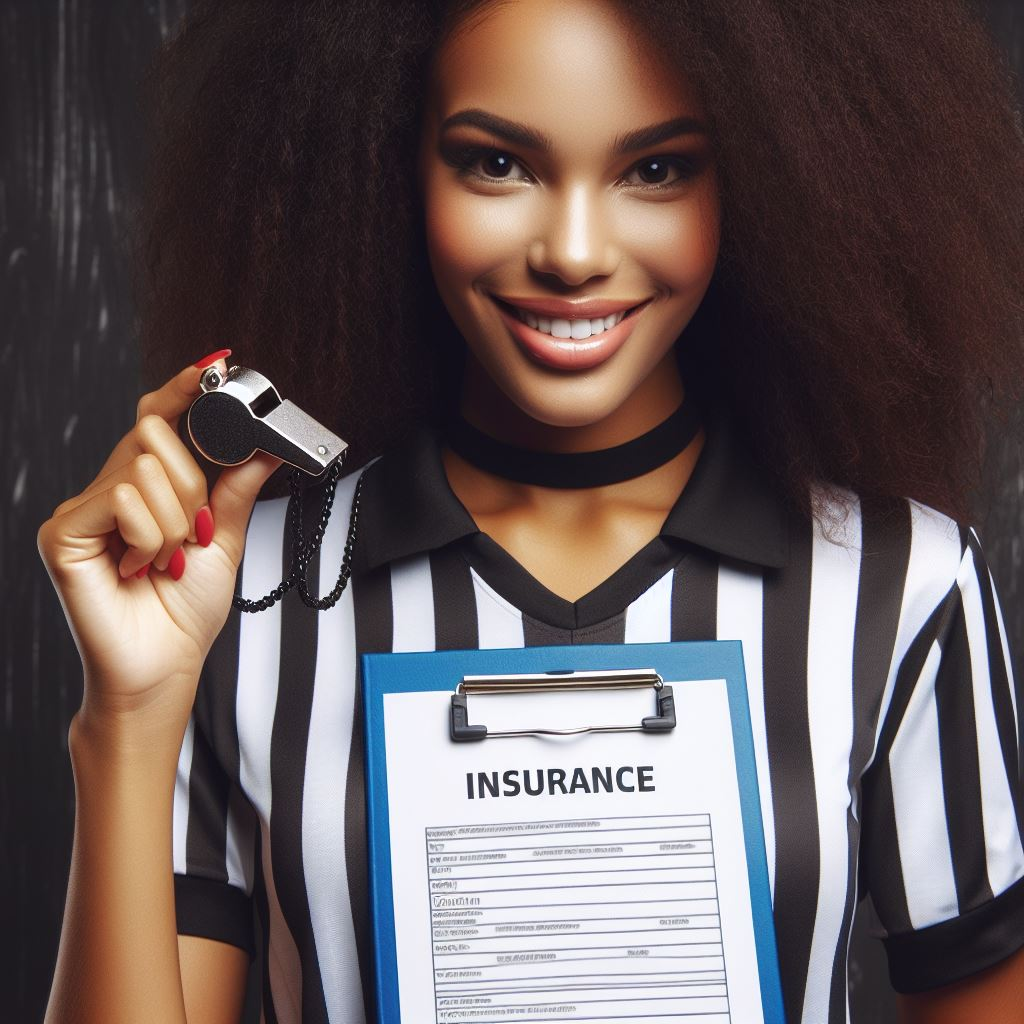 a woman in a referee's uniform holding a clipboard